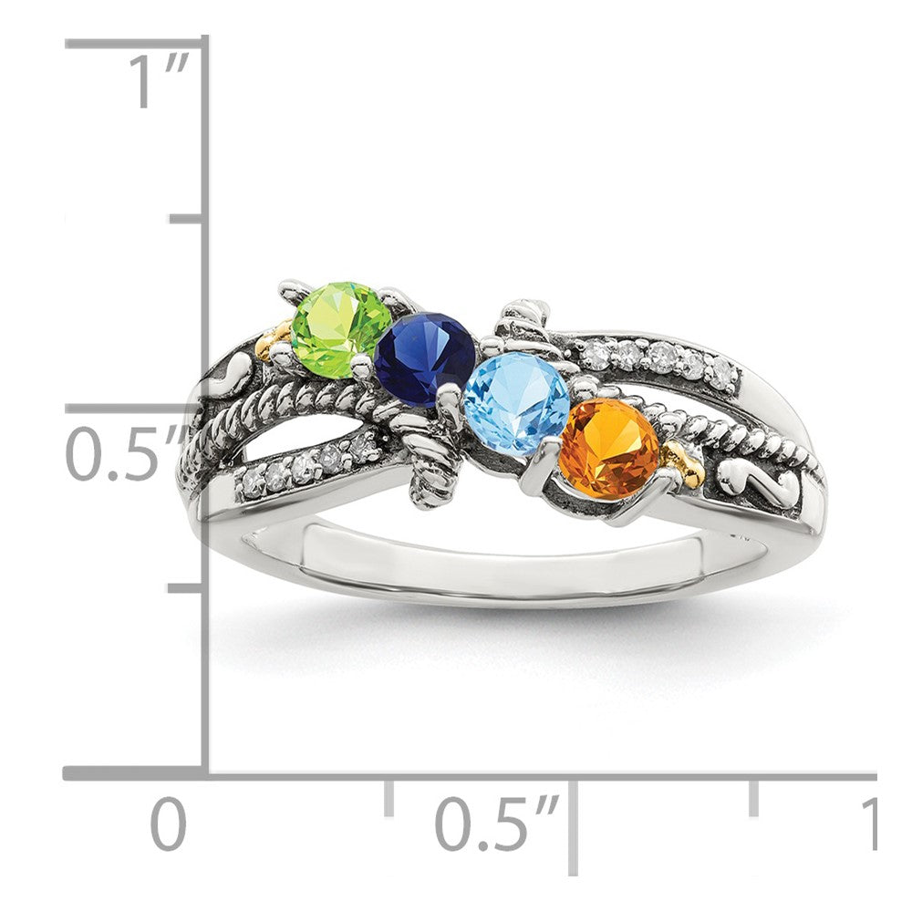 Sterling Silver Antiqued w/14k 4-stone w/Diamond Mother's Ring - 90