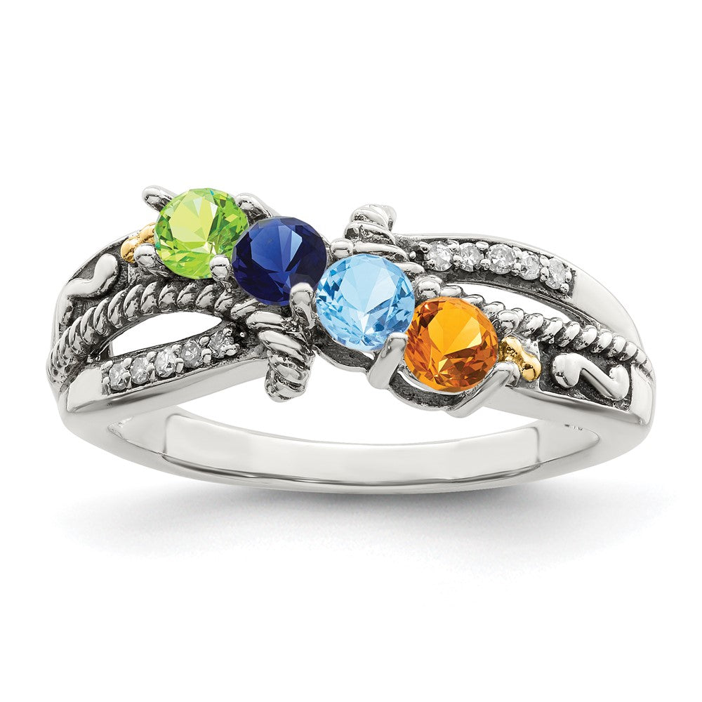 Sterling Silver Antiqued w/14k 4-stone w/Diamond Mother's Ring - 90