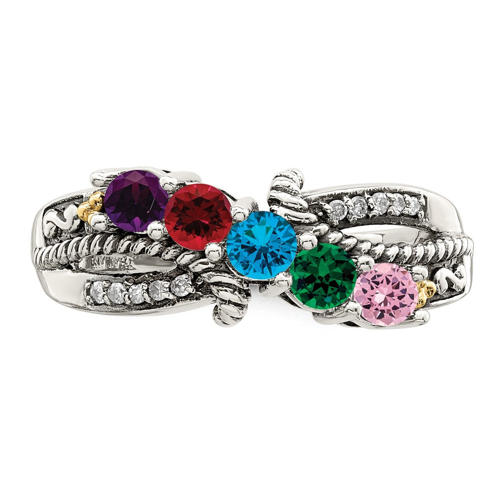 Sterling Silver Antiqued w/14k 5-stone w/Diamond Mother's Ring - 90