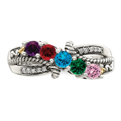 Sterling Silver Antiqued w/14k 5-stone w/Diamond Mother's Ring - 74