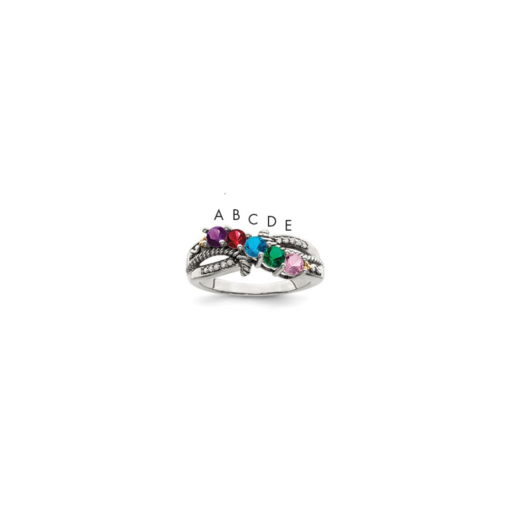 Sterling Silver Antiqued w/14k 5-stone w/Diamond Mother's Ring - 90