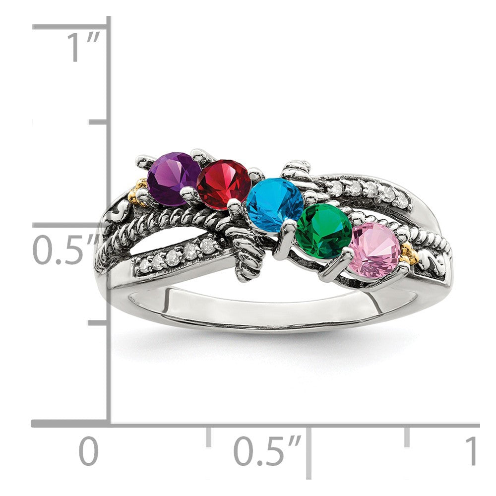 Sterling Silver Antiqued w/14k 5-stone w/Diamond Mother's Ring - 90