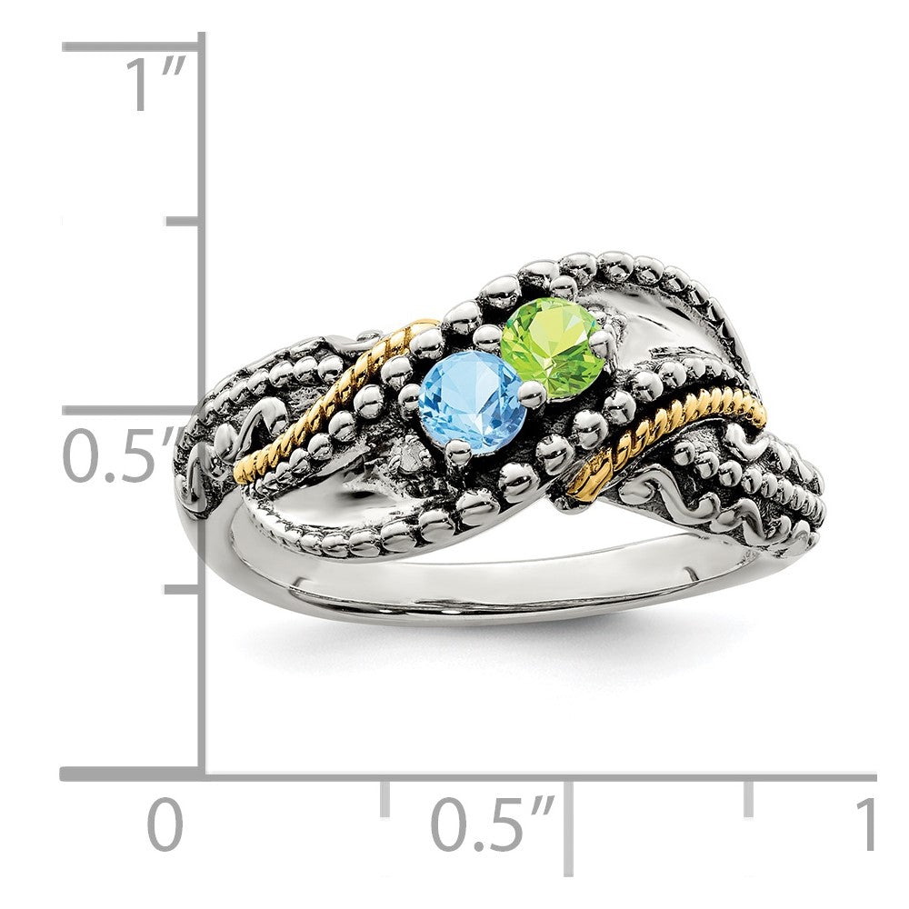 Sterling Silver Antiqued w/14k 2-stone w/Diamond Mother's Ring - 3