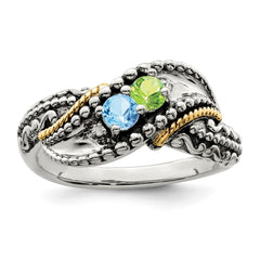 Sterling Silver Antiqued w/14k 2-stone w/Diamond Mother's Ring - 4