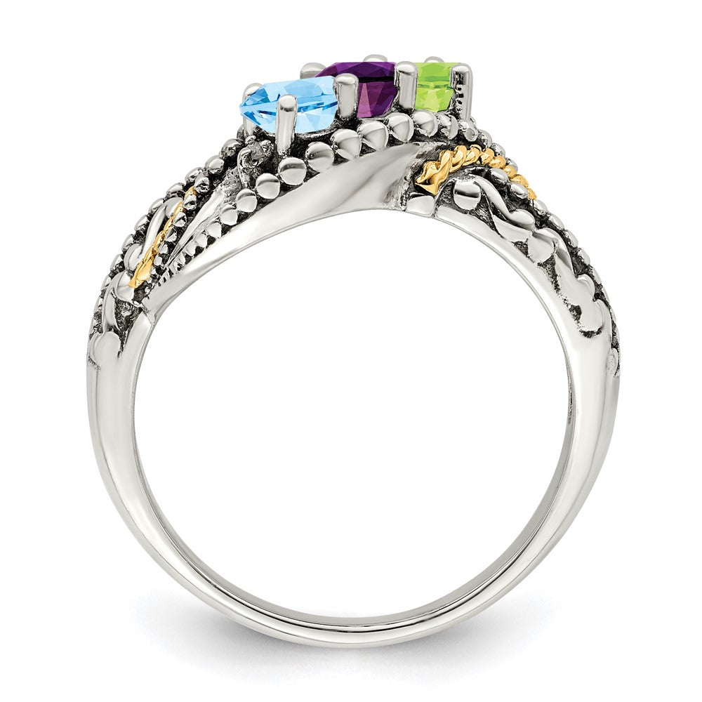 Sterling Silver Antiqued w/14k 3-stone w/Diamond Mother's Ring - 74