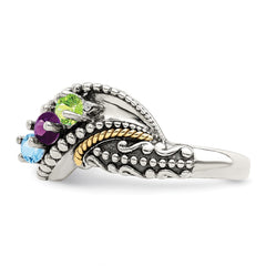 Sterling Silver Antiqued w/14k 3-stone w/Diamond Mother's Ring - 83