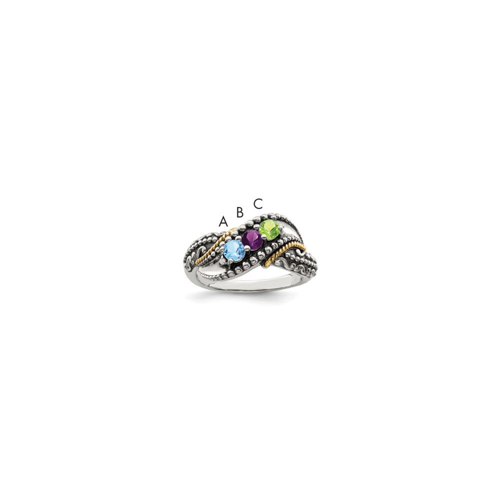 Sterling Silver Antiqued w/14k 3-stone w/Diamond Mother's Ring - 83