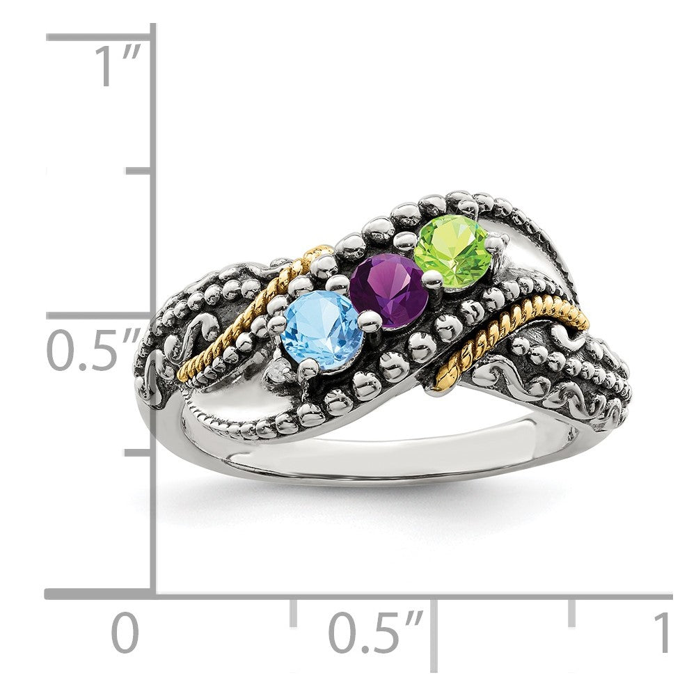 Sterling Silver Antiqued w/14k 3-stone w/Diamond Mother's Ring - 74