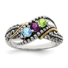 Sterling Silver Antiqued w/14k 3-stone w/Diamond Mother's Ring - 83