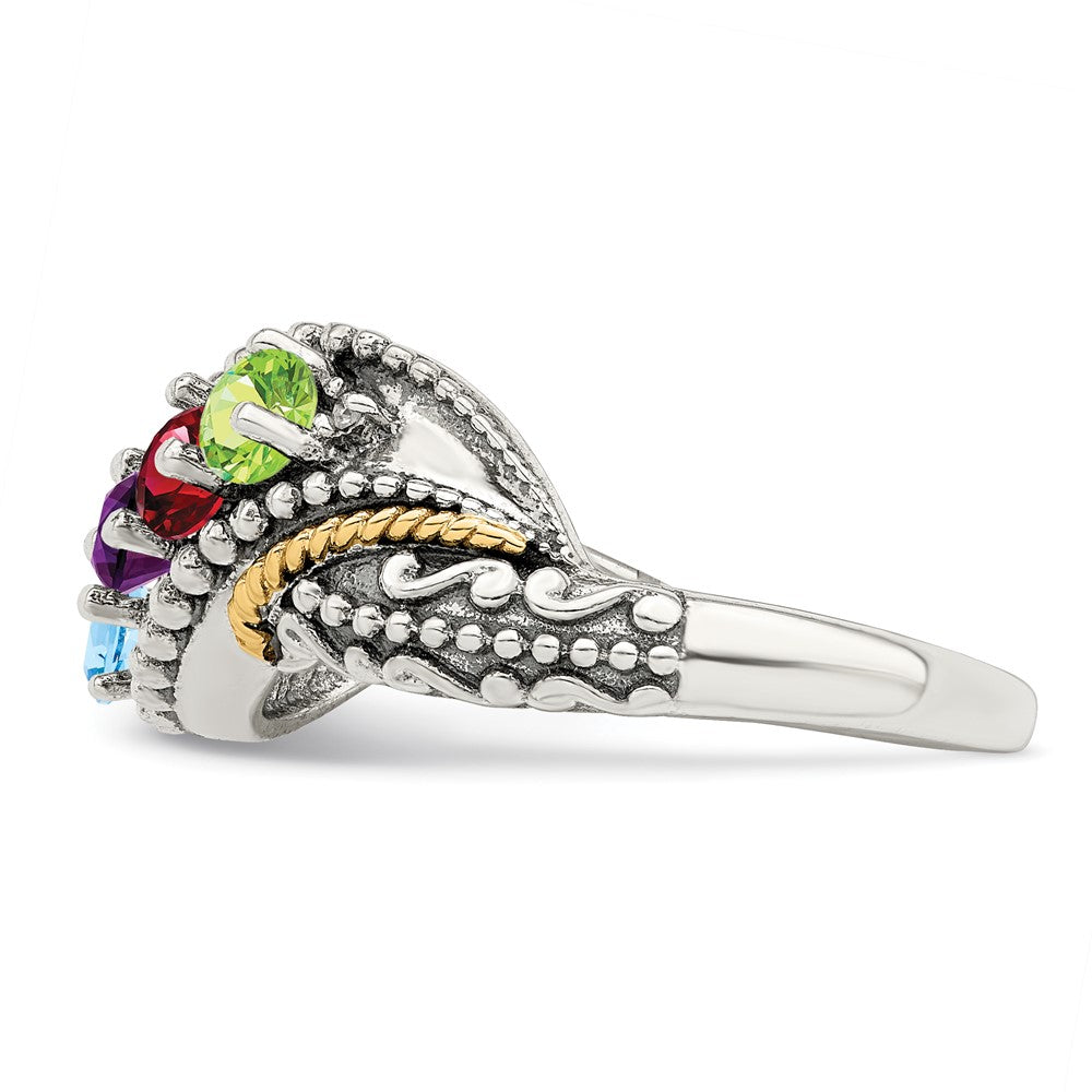 Sterling Silver Antiqued w/14k 4-stone w/Diamond Mother's Ring - 84