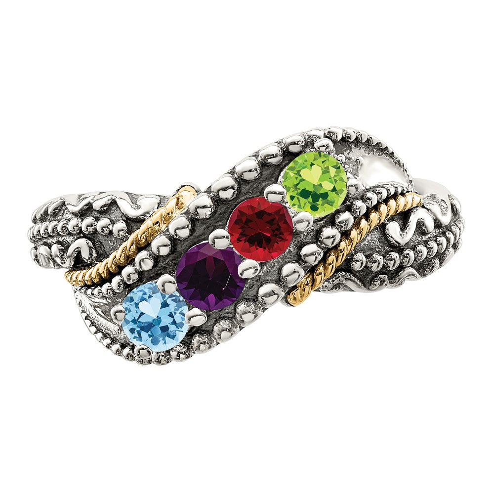 Sterling Silver Antiqued w/14k 4-stone w/Diamond Mother's Ring - 84