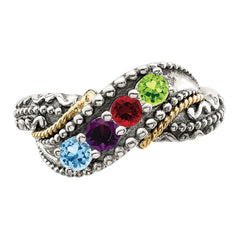 Sterling Silver Antiqued w/14k 4-stone w/Diamond Mother's Ring - 7