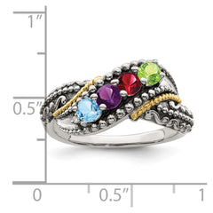 Sterling Silver Antiqued w/14k 4-stone w/Diamond Mother's Ring - 4