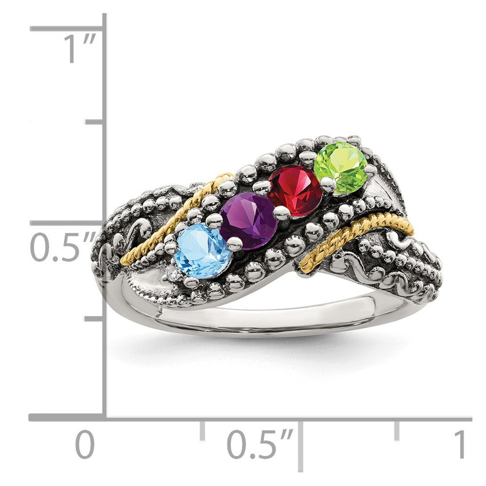 Sterling Silver Antiqued w/14k 4-stone w/Diamond Mother's Ring - 84