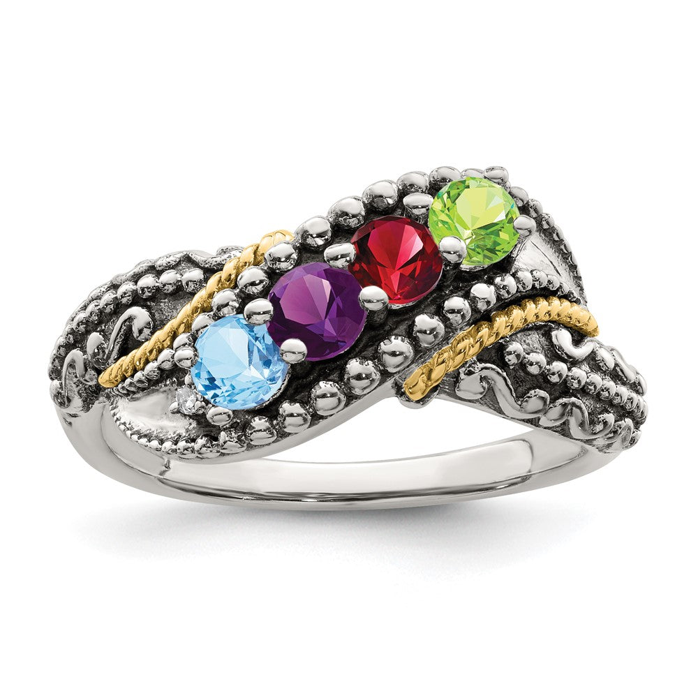 Sterling Silver Antiqued w/14k 4-stone w/Diamond Mother's Ring - 84