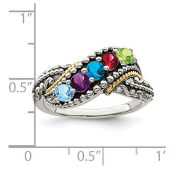 Sterling Silver Antiqued w/14k 5-stone w/Diamond Mother's Ring - 70