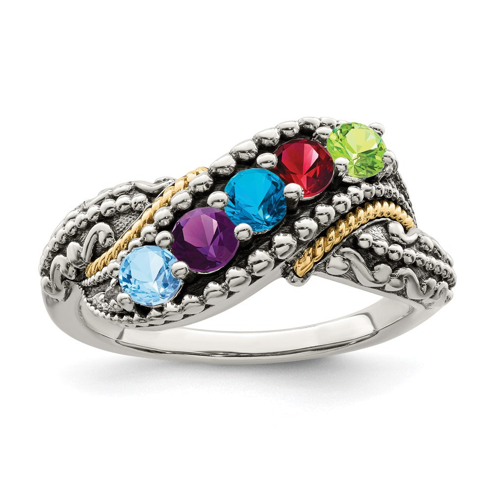 Sterling Silver Antiqued w/14k 5-stone w/Diamond Mother's Ring Semi-Mount - 74