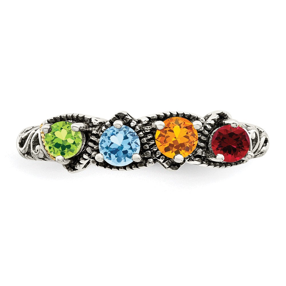 Sterling Silver Antiqued w/14k 4-stone Mother's Ring - 48