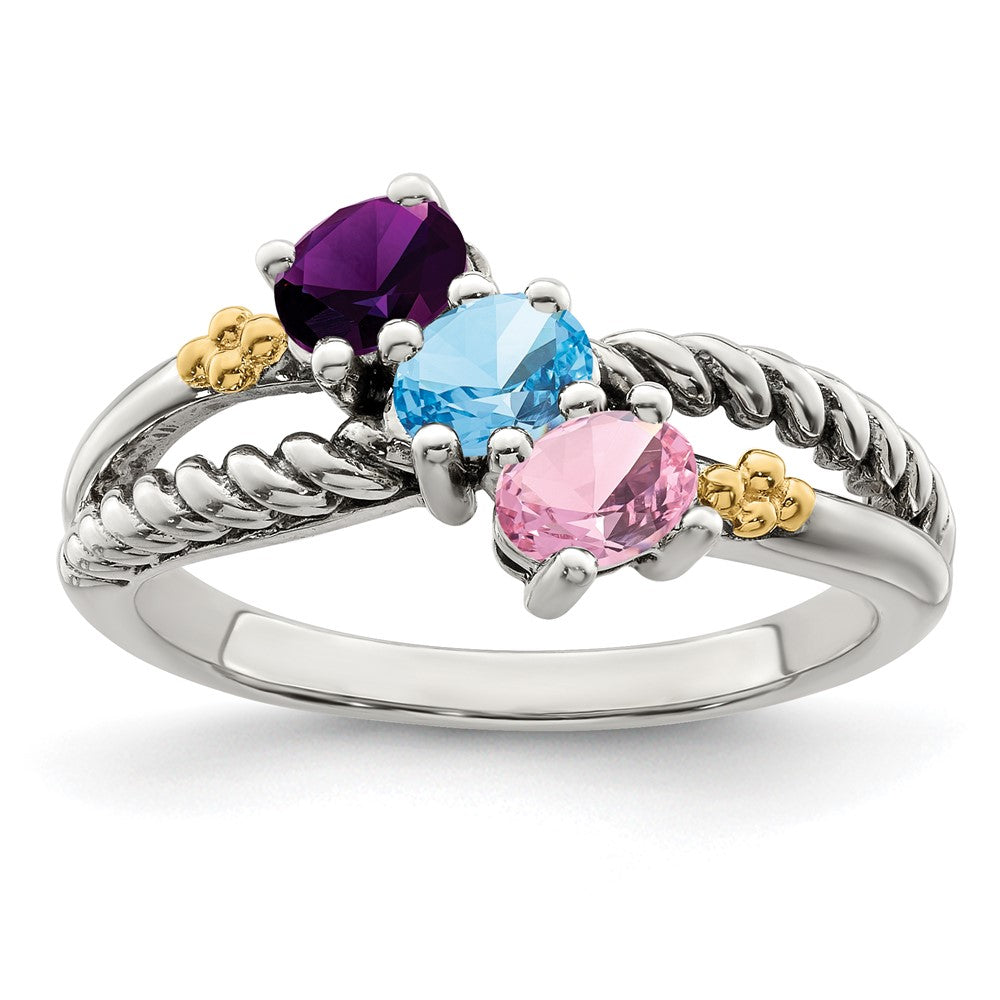 Sterling Silver Antiqued w/14k 3-stone Mother's Ring - 41