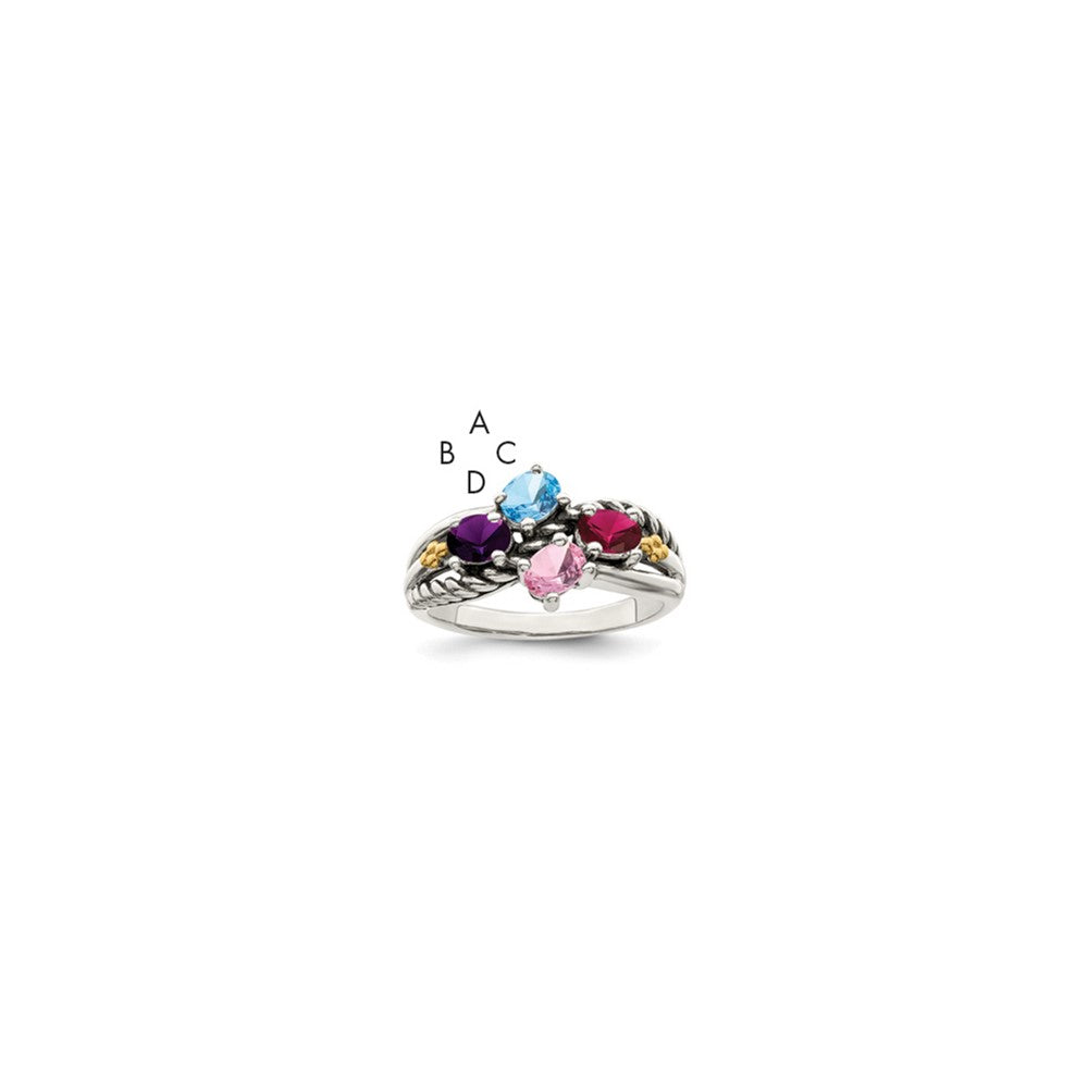 Sterling Silver Antiqued w/14k 4-stone Mother's Ring - 4