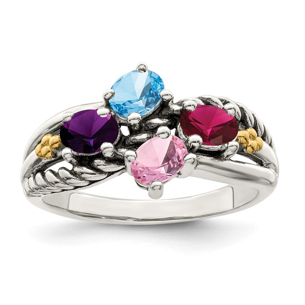 Sterling Silver Antiqued w/14k 4-stone Mother's Ring - 3