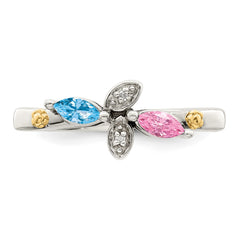 Sterling Silver Antiqued w/14k 2-stone w/Diamond Mother's Ring - 74