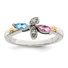 Sterling Silver Antiqued w/14k 2-stone w/Diamond Mother's Ring - 84