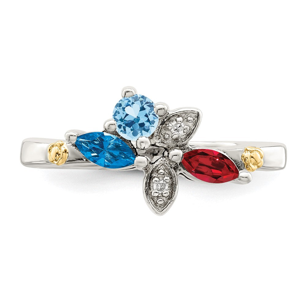 Sterling Silver Antiqued w/14k 3-stone w/Diamond Mother's Ring - 28