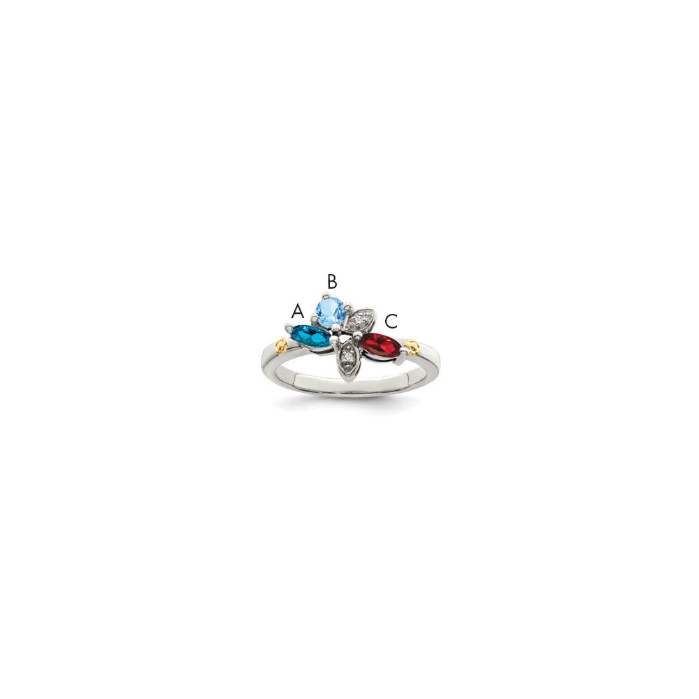 Sterling Silver Antiqued w/14k 3-stone w/Diamond Mother's Ring - 27