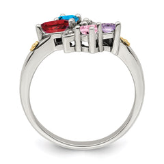 Sterling Silver Antiqued w/14k 4-stone w/Diamond Mother's Ring - 23