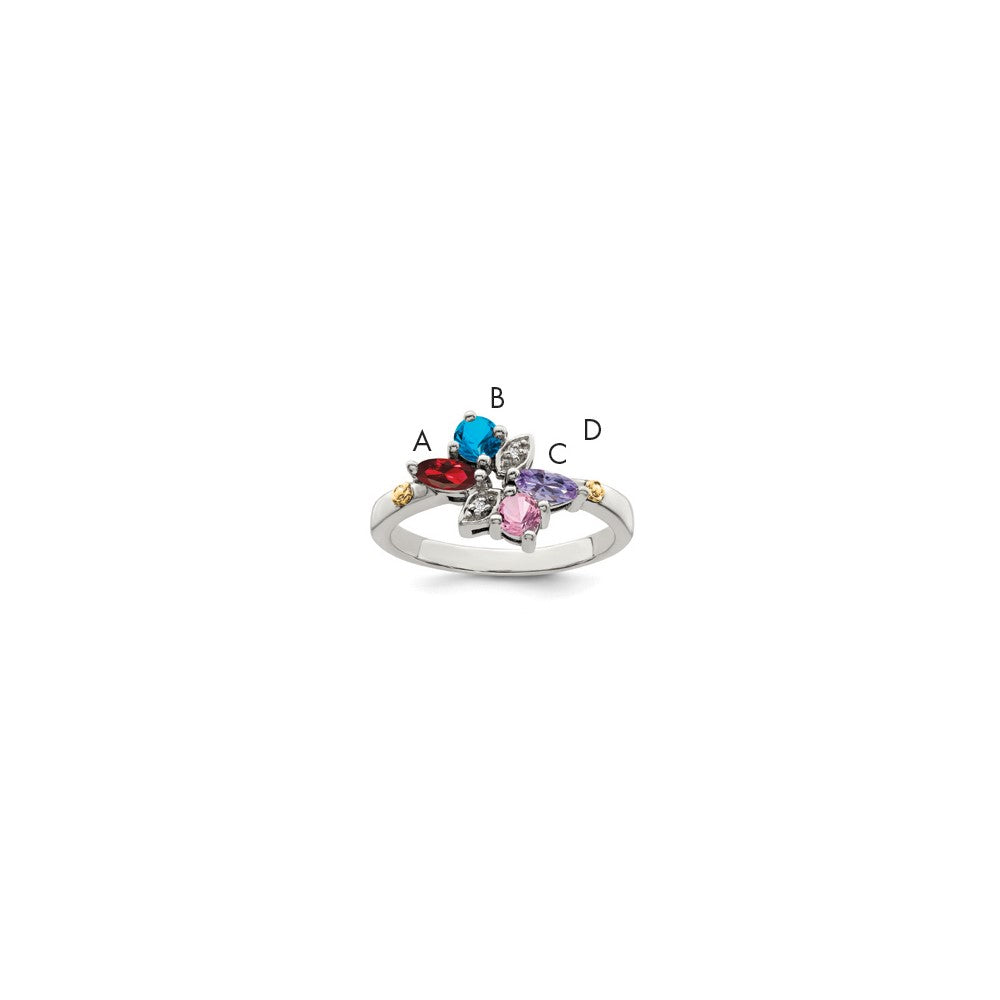 Sterling Silver Antiqued w/14k 4-stone w/Diamond Mother's Ring - 82