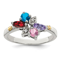 Sterling Silver Antiqued w/14k 4-stone w/Diamond Mother's Ring - 82
