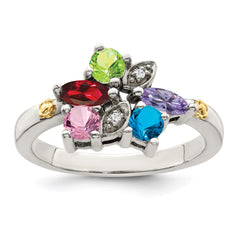 Sterling Silver Antiqued w/14k 5-stone w/Diamond Mother's Ring - 2