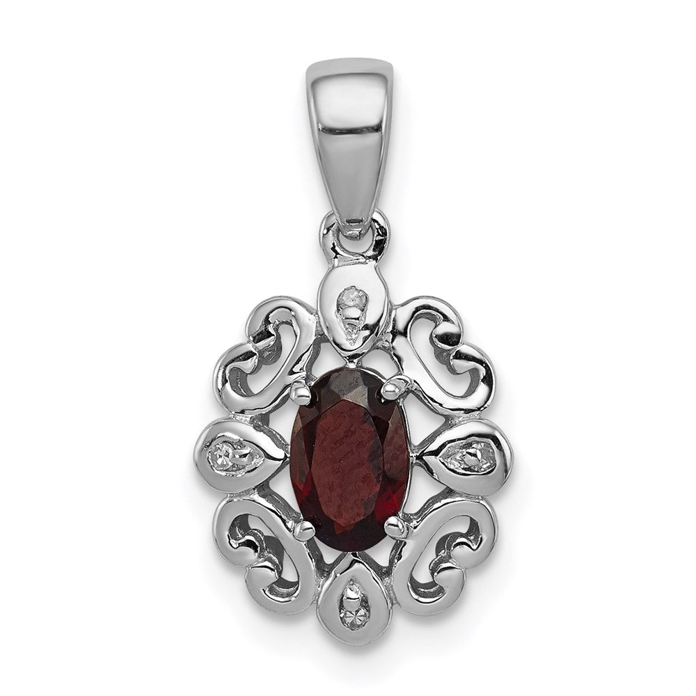 Sterling Silver Rhodium Plated Diamond & Garnet Oval Pendant - 4