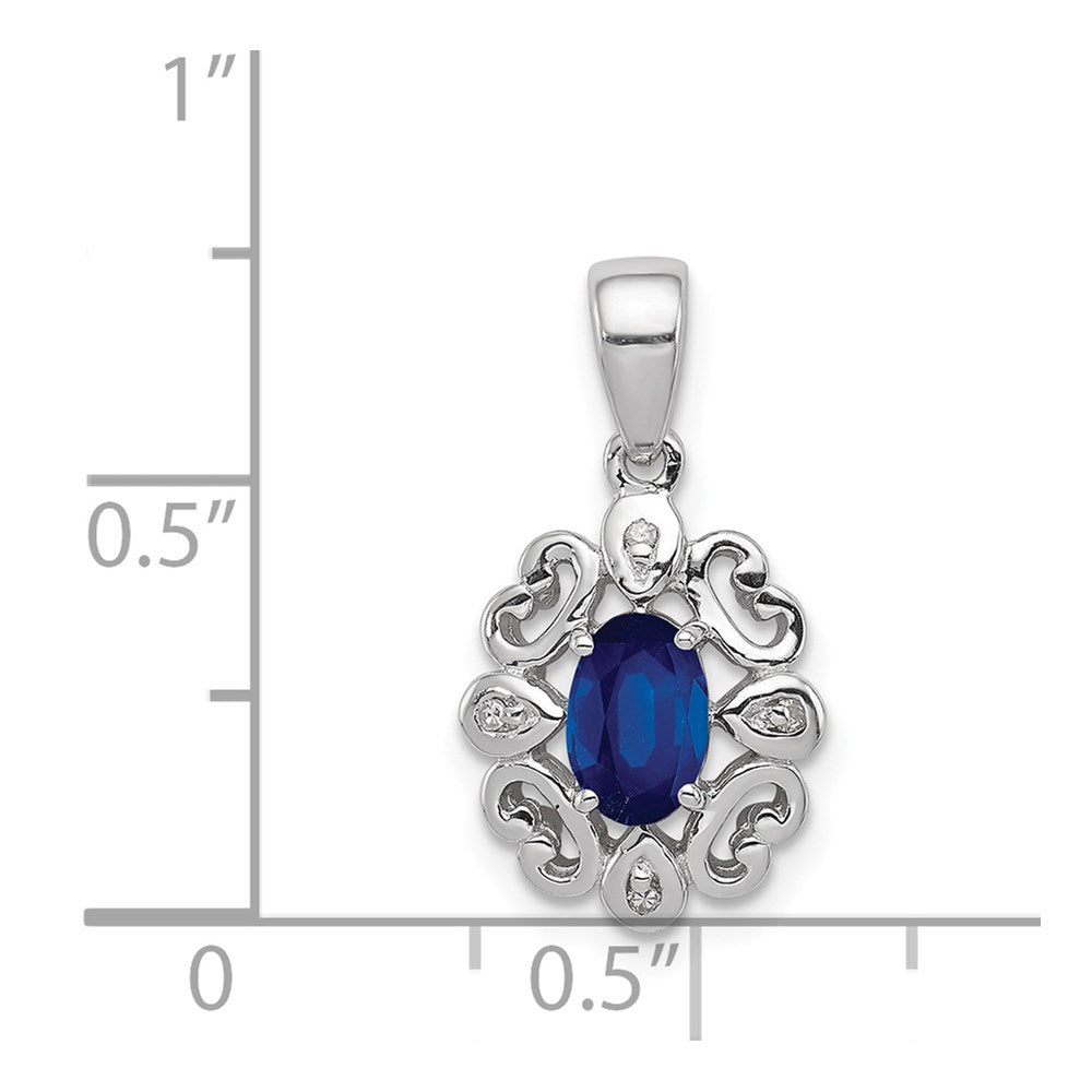 Sterling Silver Rhodium Plated Diamond & Sapphire Oval Pendant - 6