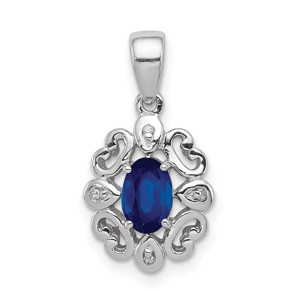Sterling Silver Rhodium Plated Diamond & Sapphire Oval Pendant - 6