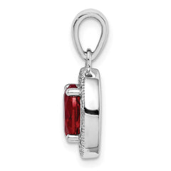 Sterling Silver Rhodium Plated Red  CZ and White CZ Halo Pendant