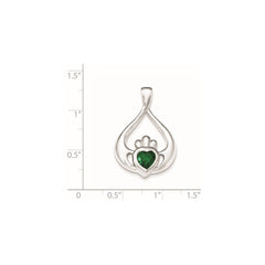 Sterling Silver Rhodium-plated Green CZ Heart Claddagh Pendant