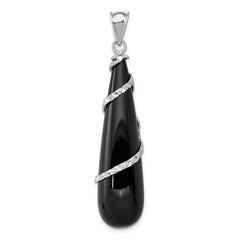Sterling Silver Rhodium-plated Filigree Diamond Cut Vine Wrap Onyx Teardrop Dangle Pendant