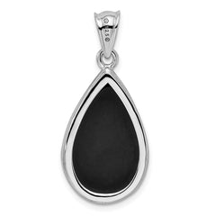 Sterling Silver Rhodium-plated Filigree Floral Diamond Cut Onyx Teardrop Dangle Pendant