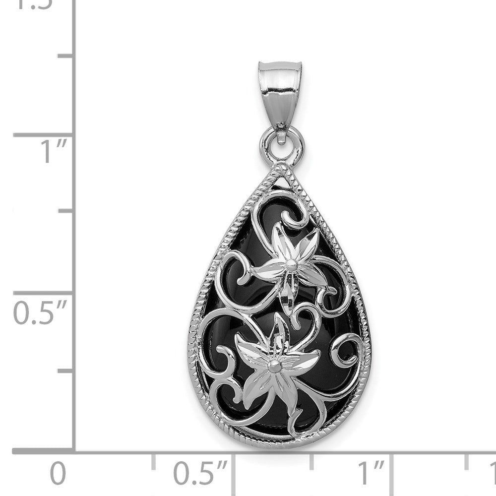 Sterling Silver Rhodium-plated Filigree Floral Diamond Cut Onyx Teardrop Dangle Pendant