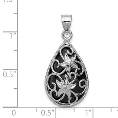 Sterling Silver Rhodium-plated Filigree Floral Diamond Cut Onyx Teardrop Dangle Pendant
