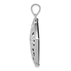 Sterling Silver Rhodium-plated Filigree Floral Diamond Cut Onyx Diamond Shape Dangle Pendant