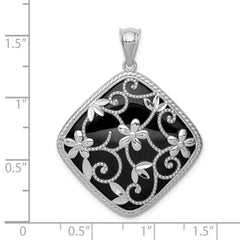 Sterling Silver Rhodium-plated Filigree Floral Diamond Cut Onyx Diamond Shape Dangle Pendant