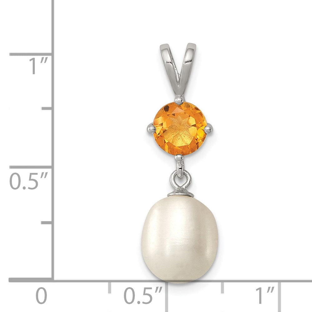 Sterling Silver Rhodium-plated  8-9mm White Teardrop Freshwater Cultured Pearl and .75CI Citrine Pendant