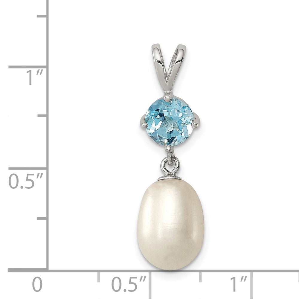 Sterling Silver Rhodium-plated 8-9mm White Teardrop Freshwater Cultured Pearl and 1.05BT Blue Topaz Pendant