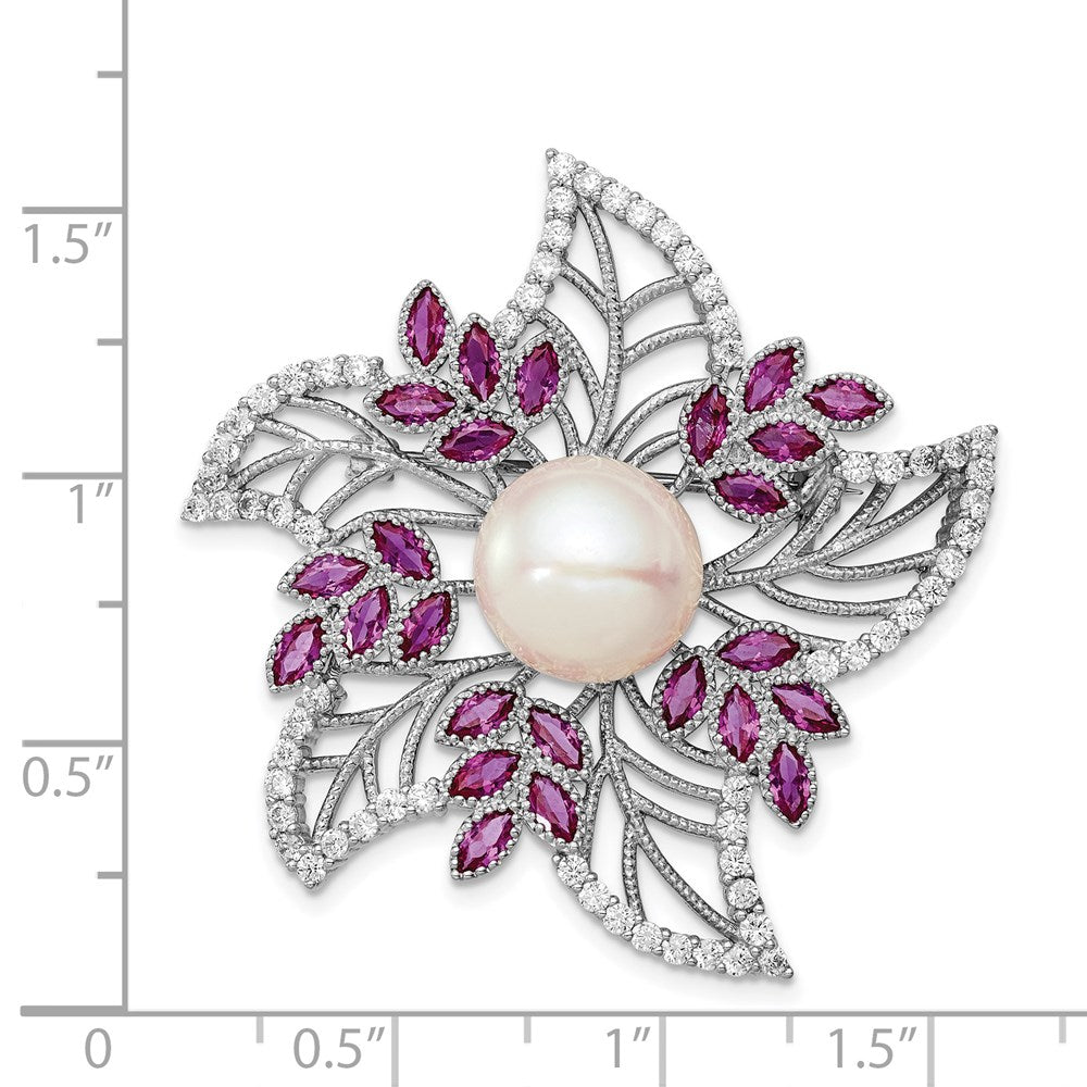 Sterling Silver Rhodium-plated 10-11mm White Button Freshwater Cultured Pearl, CZ and 2.50 Carat Pink Corundum Flower Pin