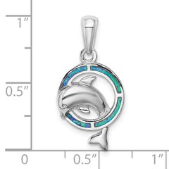 Sterling Silver Rhodium-plated Blue Inlay Created Opal Dolphin Pendant - 2
