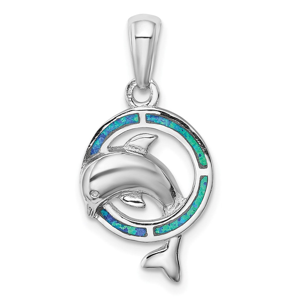 Sterling Silver Rhodium-plated Blue Inlay Created Opal Dolphin Pendant - 2