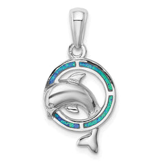 Sterling Silver Rhodium-plated Blue Inlay Created Opal Dolphin Pendant - 2